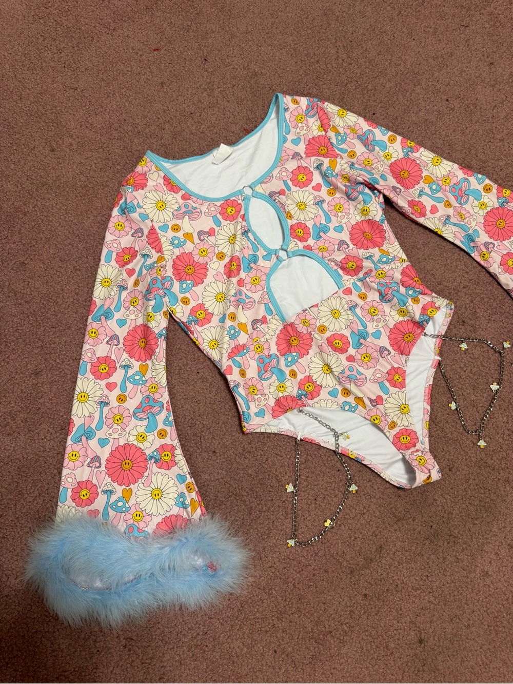 New 1x floral daisy 60s 70s bodysuit costume top festival rave boho outfit